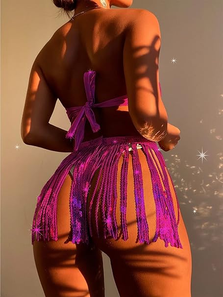 Rave Outfits for Women 3 Piece Bikini Set Tassels Skirt Metallic Swimsuit Holographic Bandeau Top Bathing Suits for Festival(Rose,XS,1005w)