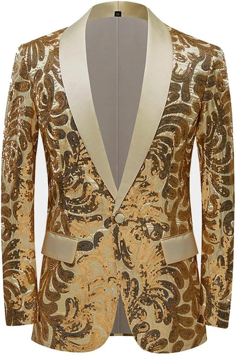 PYJTRL Men Stylish Satin Face Sequins Floral Pattern Suit Jacket Blazer (Gold, S)