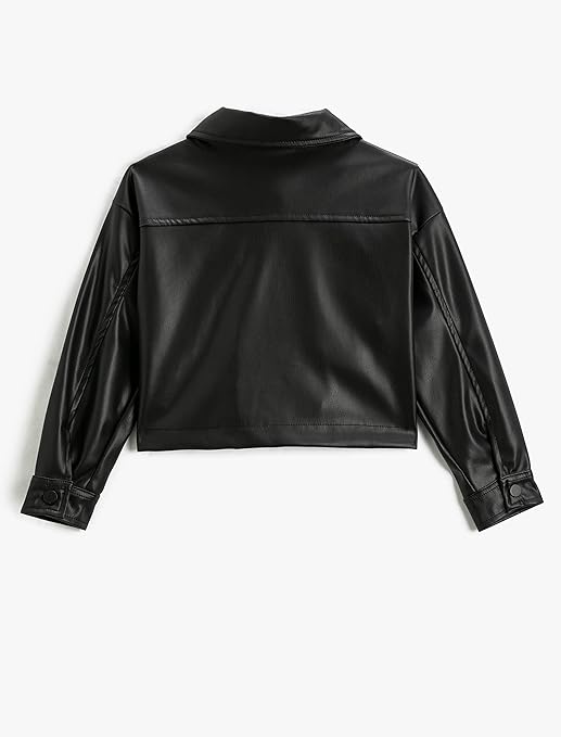 Koton Girls' Crop Faux Leather Jacket Pocket and Button Detail, Black (999), 11-12 Years