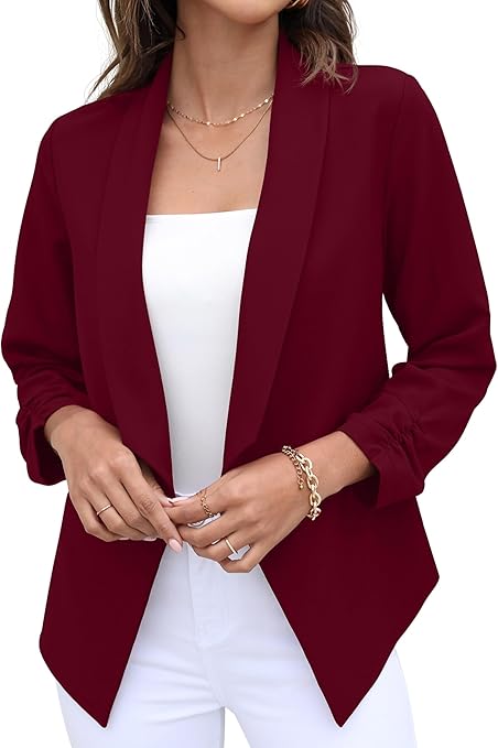GRECERELLE Womens Blazer Suit Open Front Cardigan 3/4 Ruched Sleeve Casual Work Office Cropped Blazer Jacket for Ladies (Wine Red, US 14= UK16-18)