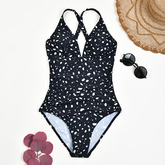 Veranobreeze Women's One Piece Swimsuit, V Neck Tummy Control Women Swimwear, Ruched Front Crisscross Back Push Up Swimming Costume(Black-Petals UK12)
