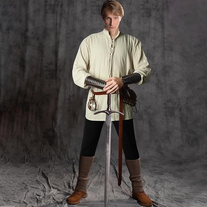 PLULON 9 Pcs Mens Renaissance Faire Costume V-neck Shirts Pants Medieval Knight Costume with Renaissance Accessories for Dress Up Halloween, XL, Beige