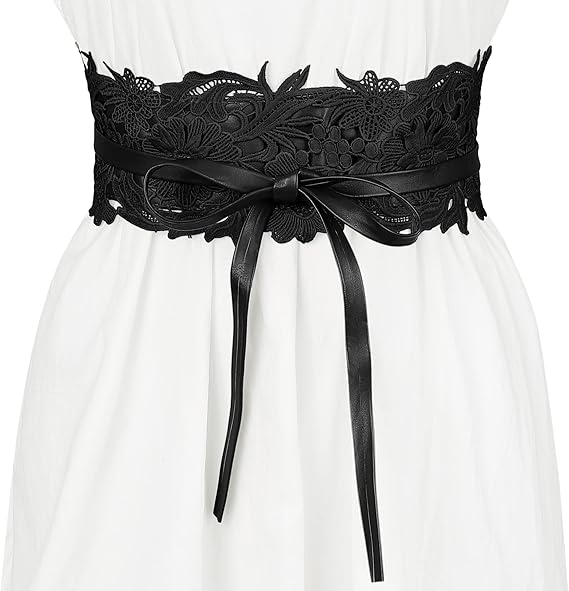 Allegra K Womens Lace Wide Waist Belt Wrap Around Obi Croset Belts Bowknot, Black, 64-106cm/25.20-41.73"