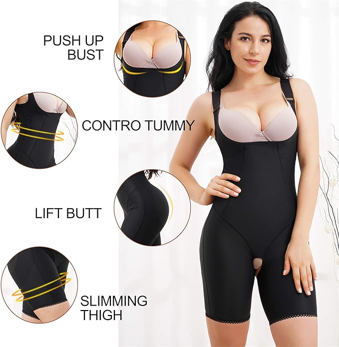 Chumian Waist Trainer Bodysuit for Women Tummy Control Full Body Shaper Open Bust Shapewear Thigh Slimmer Corset (Black, X-Large)