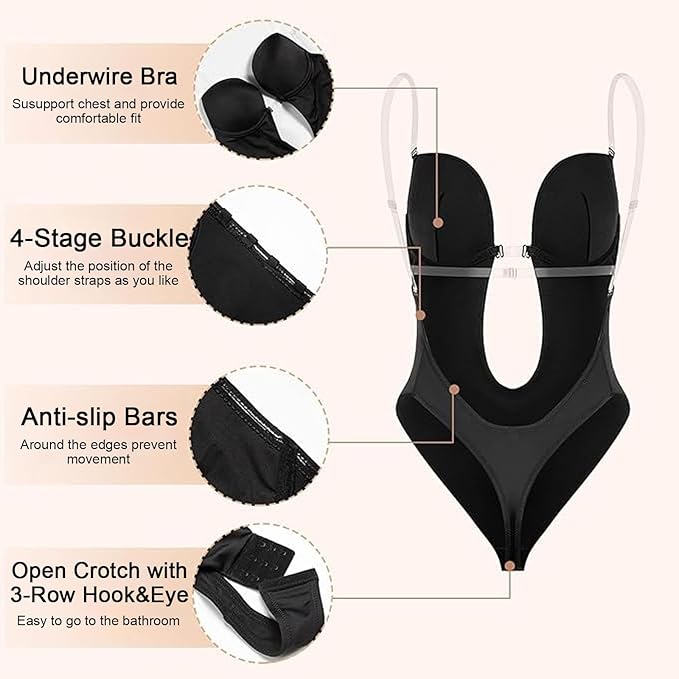 GWAWG Shapewear Bodysuit Women, Women's Deep V-Neck Clear Strap Body Bra for Parties, Dresses, Weddings (Black, XL)