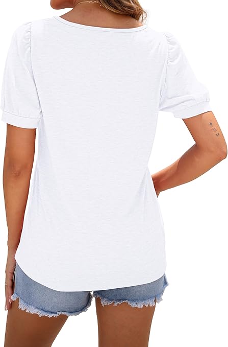 WNEEDU Ladies Tops Square Neck T Shirts for Women UK Summer Puff Short Sleeve Blouses Pleated Tunic Tshirts Flowy Elegant Casual Tee White S