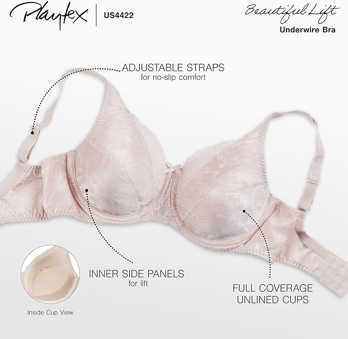 Playtex Women's Secrets Love My Curves Signature Floral Underwire Full Coverage Bra US4422 - Beige - 36DD