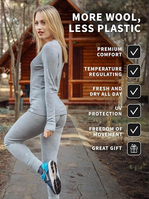 Merino Wool Base Layer Womens Leggings 100% Merino Thermal Underwear Pants for Women Midweight + Wool Socks