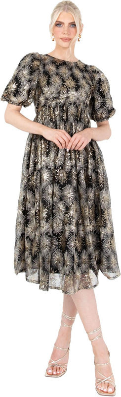 Lovedrobe Women's Midi Dress Ladies Short Puff Sleeve Mesh Star Sequin Embellished Round Neck A-line for Party Cocktail Evening, Gold, 16