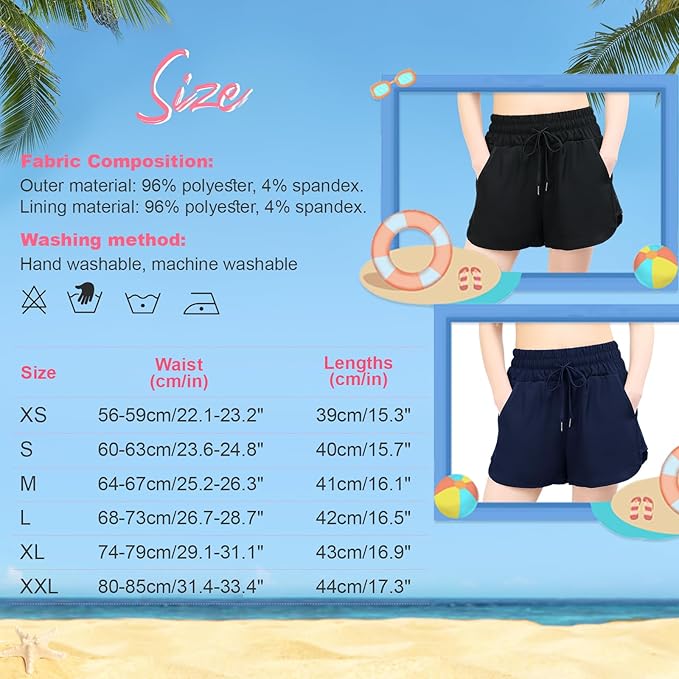 Kefiyis Swim Shorts Women High Waisted Swimming Shorts Quick Dry Ladies Board Shorts with Adjustable Drawstring Surf Shorts with Bottoms and Pockets, Blue, S