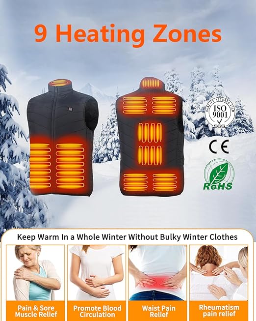 Aunus Heated Gilet for Men Women,Heated Vest Men Women,Heated Jacket with 9 Heated Areas,Heated Clothingwith 3 Temperatures Adjustable,Heated Body Warmer for Winter(No Battery), Black / XL