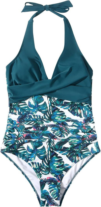 RXRXCOCO Women Cross Push Up Tummy Control One Piece Halter High Waisted Swimming Costume Swimsuits Swimwear