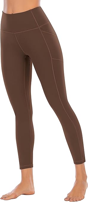 OVRUNS High Waist Gym Leggings for Women Yoga Pants with Pockets Workout Running Compression Leggings for Women - Brown - S
