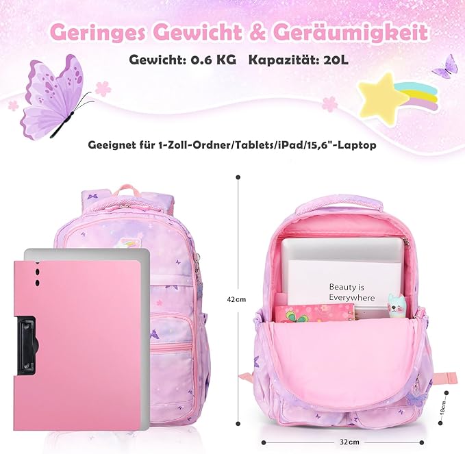 BYXEPA Girls Backpack, 43 x35 x17cm School Backpacks for Girls, Cute Book Bag with Compartments for Girl Kid Students Elementary School