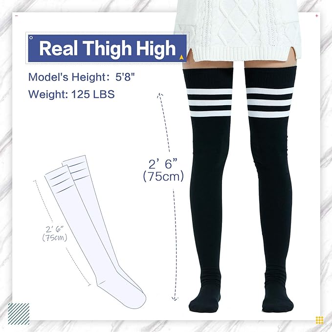 Kayhoma Extra Long Cotton Stripe Thigh High Socks Over the Knee High Plus Size Stockings…, Black/White, M