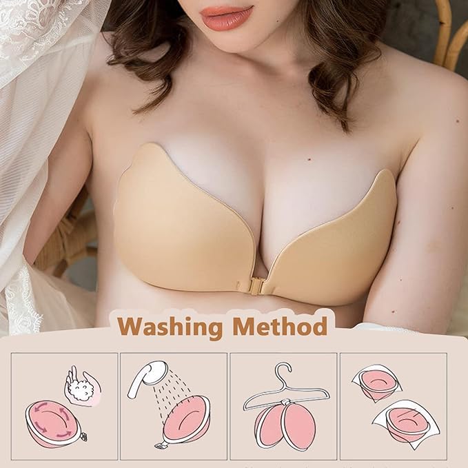 Lnmyic Push up Bra Backless Bras for Women, Stick on Bra Reusable Strapless bra, Comfortable Invisible Sticky bra and Nipple Covers for All Backless Clothes, Beige, B