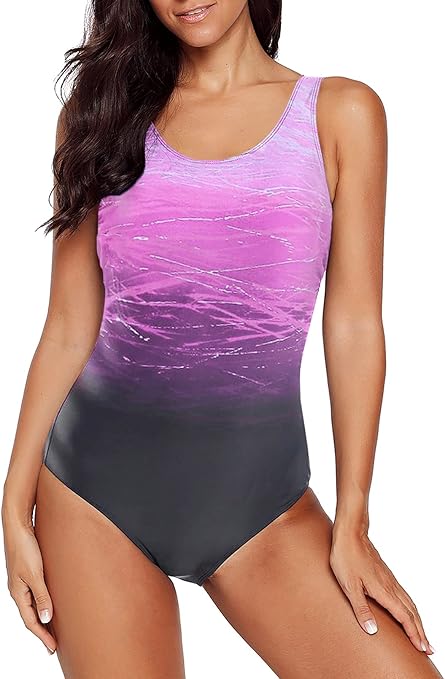 Aleumdr Ladies Sleeveless Gradient Colorblock Print Soft Cup Padded Plus Size Swimming Suits One Piece Swimwear for Women Purple Large