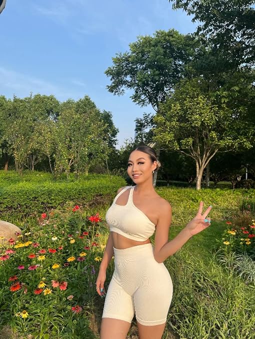 OQQ Women's 3 Piece Outfits Ribbed Seamless Exercise Scoop Neck Sports Bra One Shoulder Tops High Waist Shorts Active Set, Beige1, Small