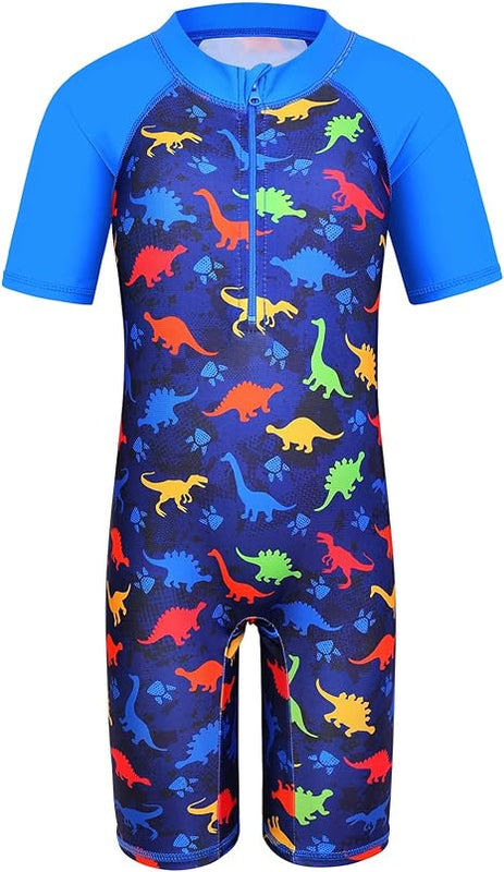 HUAANIUE Boys Kids 1 Piece Swimsuit Kids Boys Short Sleeve Zip Swimming Costume 2-10 Years, S245-Dinosaur Navy, 5-6 Years