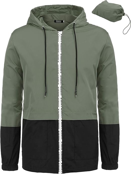 FISOUL Men/Women Rain Jacket Hooded Lightweight Windbreaker Jacket Outdoor Packable Waterproof Raincoat(Green,X-Large)