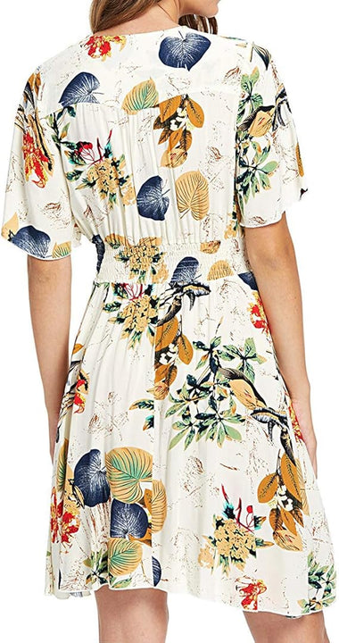 SEMIR Women's Boho Button Up Split Floral Print Flowy Party Dress Beige XL