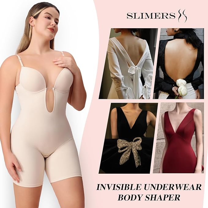 Slimers Women Backless Shapewear Bodysuit Tummy Control Full Body Shaper Low Back V Neck Shaping Bodysuit With Built In Bra, Beige, Small