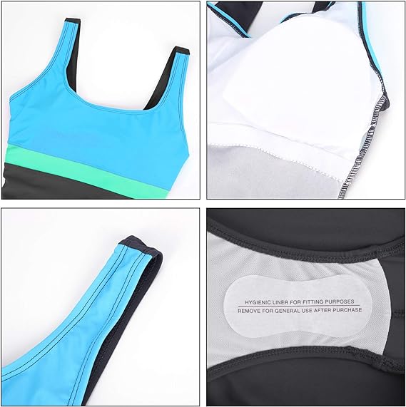 Womens One Piece Swimsuit Tummy Control Swimming Costume Slimming Monokini Push Up Swimwear Splicing Striped Sports Scoopback Bathing Suit with Removable Foam Cups Athletic Padded Swimsuits