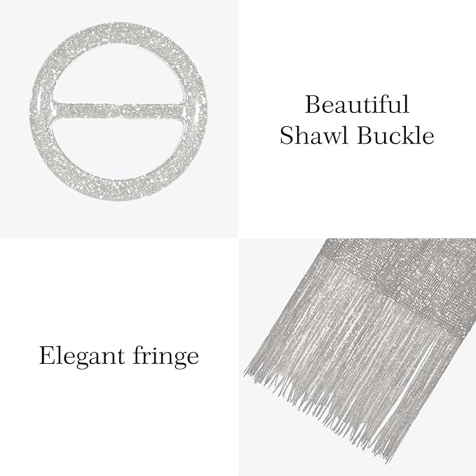 Rheane Sparkling Metallic Shawls and Wraps with Buckle for Evening Party Dresses Wedding Party, C. Dark Gray/Silver (With Silver Buckle), Large