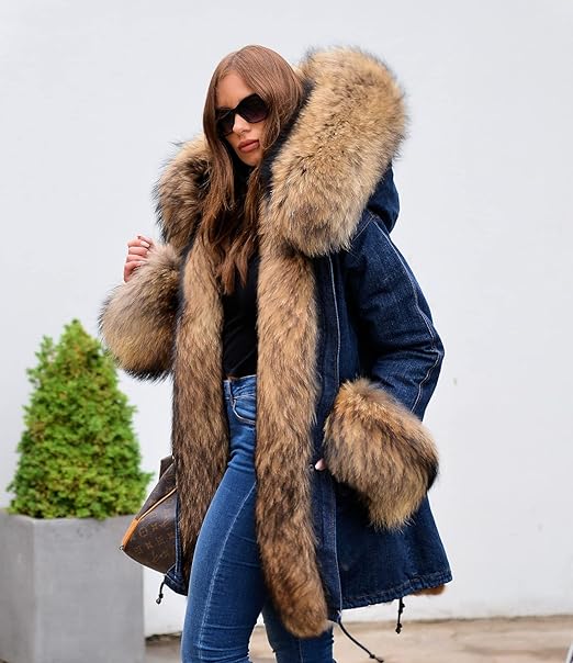 Aox Women Winter Faux Fur Hood Warm Thicken Coat Lady Casual Plus Size Parka Jacket Outdoor Overcoat (20, Denim 2039)