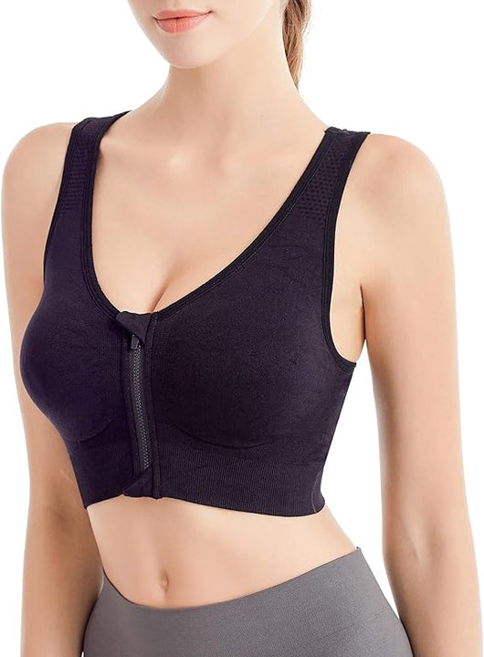 CLOUSPO Sports Bra Post Surgery Bra Zip Front Wireless with Removable Pads Yoga Bra for Workout Fitness(XXL,Grey+Black)