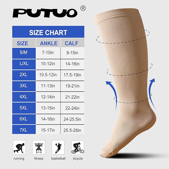 PUTUO Wide Calf Compression Socks: Plus Size Graduated Compression Stockings for Men Women Large Compression Sock for Support Flight Travel Pregnancy Edema Nurses Seniors 20-30 mmHg Beige 4XL 3Pairs
