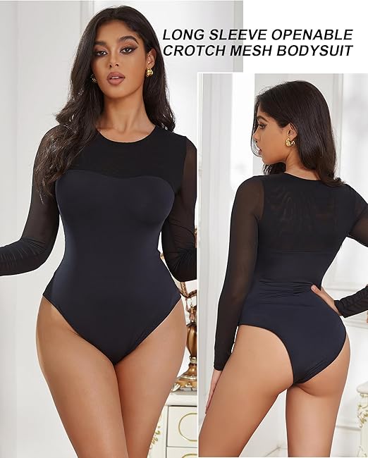 ohmydear Women's Bodysuits Long Sleeve Lace Mesh Black Bodysuit for Women Plus Size Crew Neck Leotard Top Stretch Sexy Ladies Body Suits, Black, 2XL