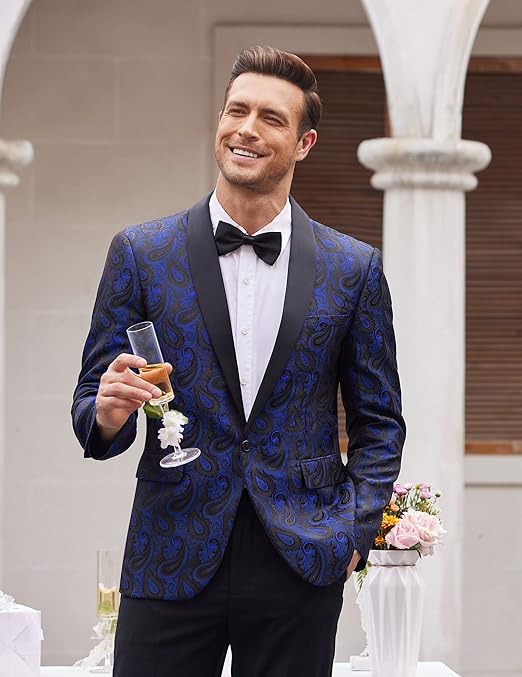 COOFANDY Mens Paisley Suit Lapel Jackets Tuxedo One Button Dinner Jacket Smart Blazer Retro Slim Fit Coat Party Blue XXL