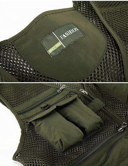 Sukany Men's Mesh Fishing Vest Utility Multi-Pocket Outdoor Work Shooting Safari Travel Photography Vest Army Green XL