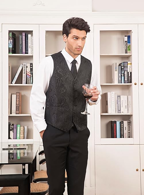 Hisdern Men's Paisley Floral Jacquard Waistcoat&Necktie and Pocket Square Vest Suit Set, Black, 3XL(Chest 54 inch)