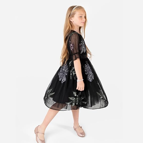 Maya Deluxe Girl's Midi Dress Floral Sequins Embellished Short Sleeve Puff Tulle Tutu Party Bridesmaids Wedding with Belt Bow, Black, 9-10 Years
