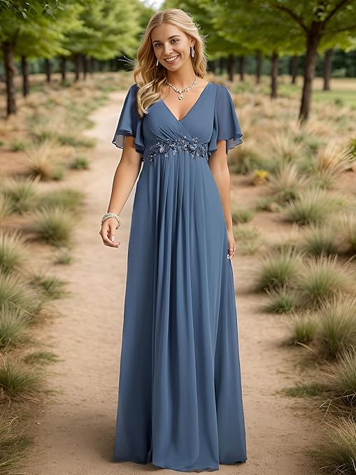 Ever-Pretty Women's Chiffon V Neck Short Sleeves Appliques Bridesmaid Dressses Evening Dresses Dusty Navy 22UK