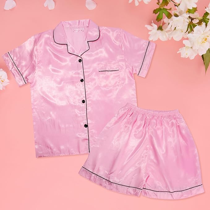 BBXWANG Womens Silk Satin Pajamas, Button up Cardigan Loungewear Pjs Shorts Set, Bridesmaid Short Sleeves Pyjamas Sleepwear Pink XL