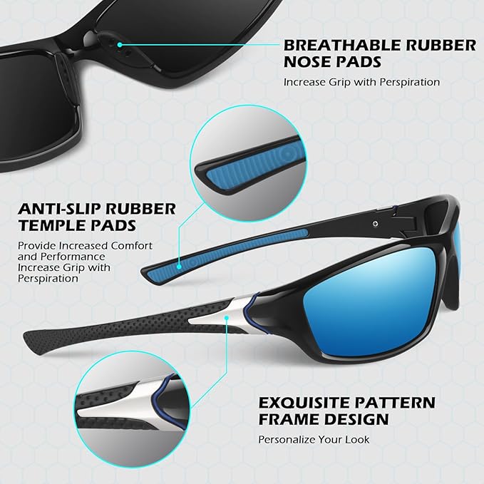 Sunier Polarised Sports Sunglasses for Men Women, Wrap Around Unbreakable Fishing Driving Sun Glasses with 100% UV400 Protection