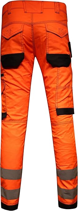 HASHOOB TRADING FZE Men’s Hi Vis Work Trousers high Visibility Cargo Workwear Soft Heavy Duty Multi Pocket Reflective Tape Pants (HV2-ORANGE1, 38W X 32L)