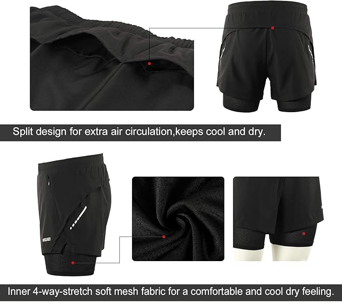 ARSUXEO Men's 2 in 1 Running Shorts Breathable Zipper Pocket B202 Black Size Large