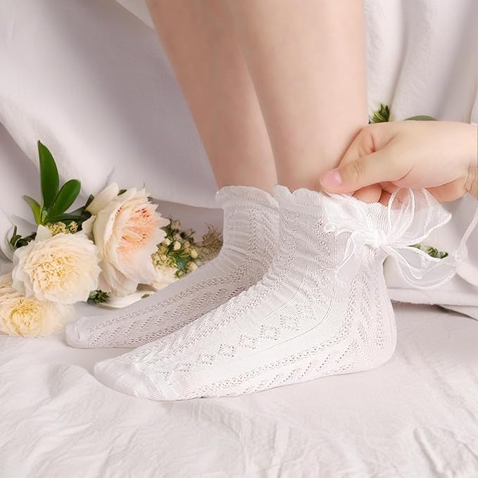 GOZINA 6 Pairs Frilly Socks Women White Black Ruffle Socks Cute Bow Ballet Socks Ankle Socks Cotton Socks Set for Adult Women Girls