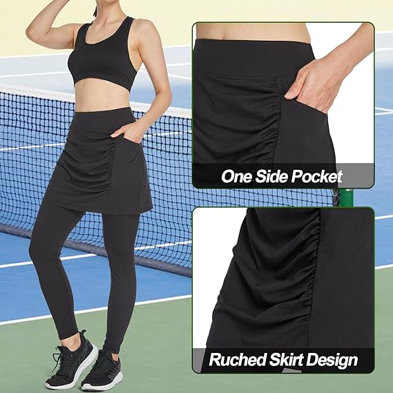 Westkun Women's Leggings with Skirt Ankle Length Running Trousers Tennis Skirt with Pockets Yoga Sports Soft Skirt Trousers Tennis Clothing 2-in-1, Black-Ruched, L