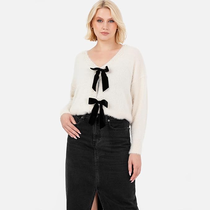 Lovedrobe Women's Cardigan Ladies Long Sleeve Pearl Embellished Velvet Bow Knitwear Smart Casual Office Wear Popper Buttons, Cream 12-14