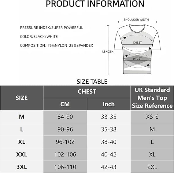 PEONNYT Men Firm Control Body Shaping T-Shirt Slimming Shirt Body Shaper Gynecomastia Compression Shirts Base Layer Undershirts (White XL