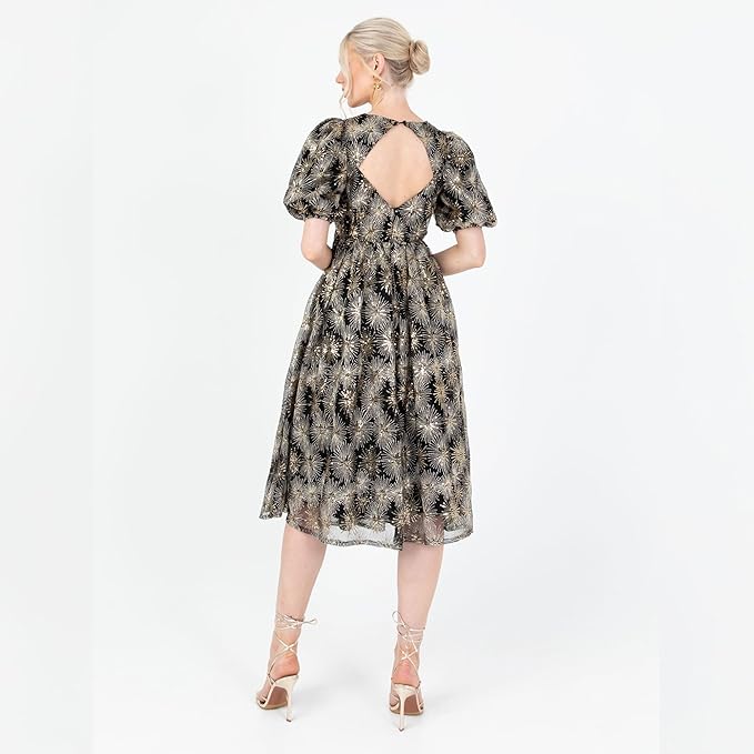 Lovedrobe Women's Midi Dress Ladies Short Puff Sleeve Mesh Star Sequin Embellished Round Neck A-line for Party Cocktail Evening, Gold, 16