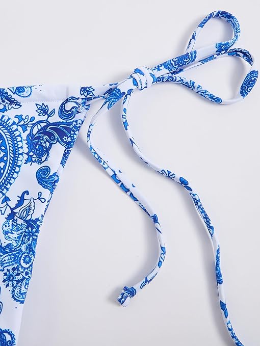 GORGLITTER Women's Floral Print Bikini Set Triangle Halter Bra and Tie Side Bikini Bottom 2 Piece Swimsuit Bathing Suits Floral Blue Small