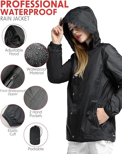 Victoper Waterproof Jackets Womens, Lightweight Windproof Portable Raicoats for women Quick Dry Two Pockets Packable Rain Jacket for Ladies Suitable for Outdoor Travel Hiking Camping Black, M