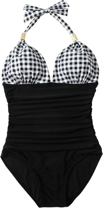 RXRXCOCO Halter Neck Tummy Control Swimsuit Women One-Piece Ruched Non Padded Swimming Costume