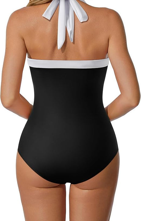 RXRXCOCO Womens Tummy Control Swimwear Halter Neck One-Piece Swimsuits Padded Swimming Costume Black-White, L